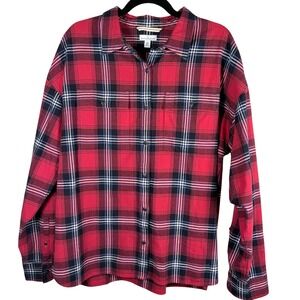 LL Bean Signature Mens XL Red Black Plaid‎ Flannel Button Down Shirt Herringbone